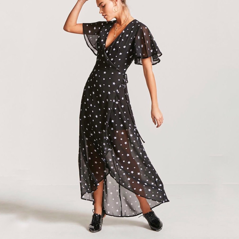 Forever 21 Black Star Print High-low Wrap Dress